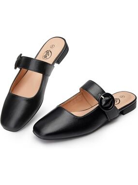 🆕 Women's Black Leather Mary Jane Mules Square Toe Buckle Strap Flat Shoes